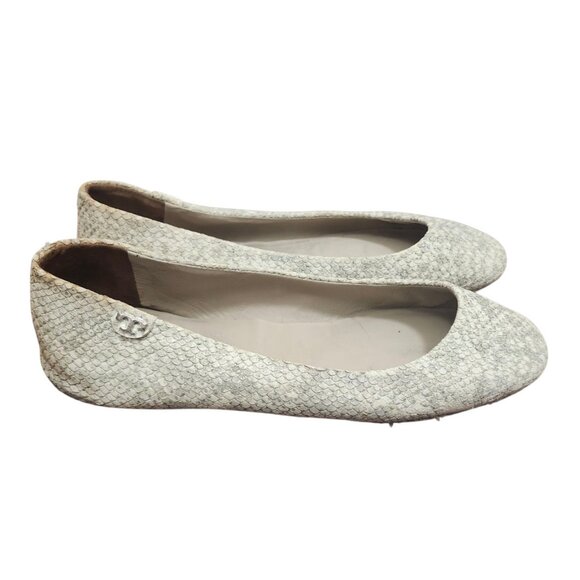 TORY BURCH Travel T Snake Embossed Sparkling Leather Ballet Flats Roccia 9M - Picture 4 of 14